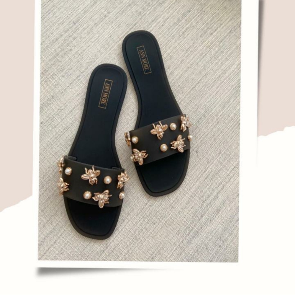 Ann More Toronto Black Gold Bees Pearls Jelly Flat Sandals